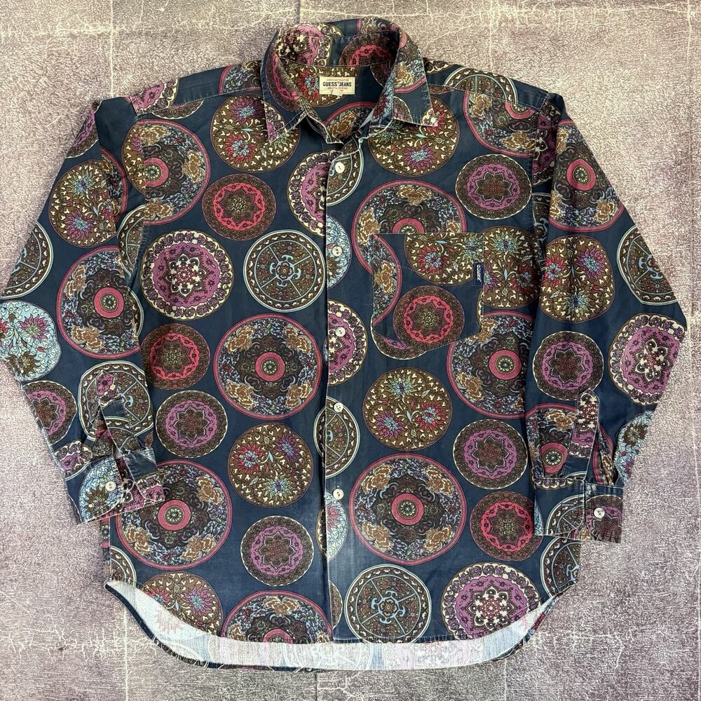 Men's Vintage 90's Guess Paisley Navy Blue All Over Print Button Up Shirt Sz M